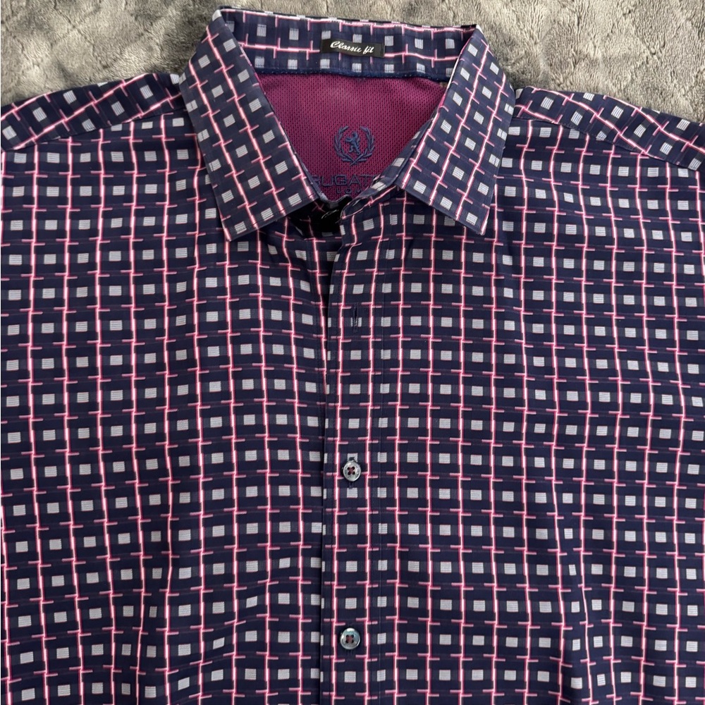 Bugatchi Men's Navy and Pink Checkered Shirt